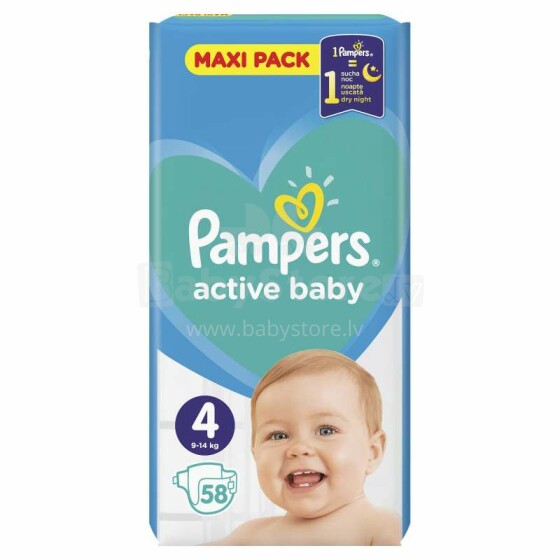 Pampers Active Baby Art.P04G782 Kūdikių sauskelnės S4 dydis nuo 9-14kg, 58vnt.
