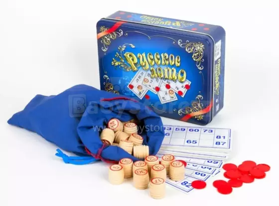 Russian Bingo Game Art.105461 Galda spēle krievu loto metāla kastē «Zilais lāde» ar koka mucām