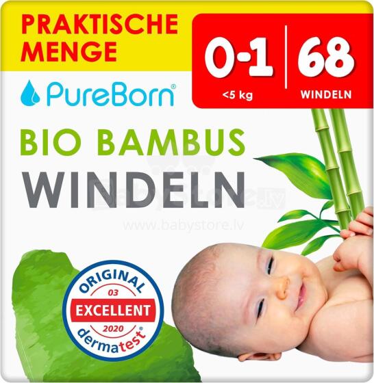 Pureborn Organic Bamboo Art.121308  Экологические подгузники-трусики 1 размер от 0-5 кг, 68 шт.