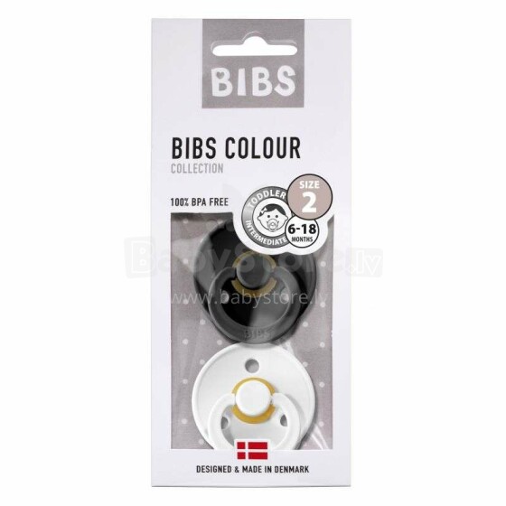 Bibs Colour Art.121315 Black/White  Apaļš māneklītis (knupītis) no 100% naturāla (dabas) kaučuka no 6-18 mēn. (2 gb.)