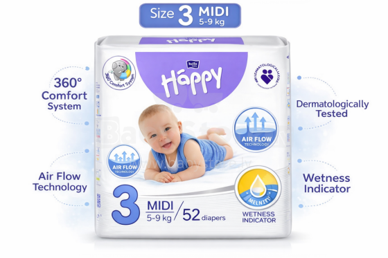 Happy Pants Midi Art.BB-055-MU26-001 Bērnu biksītes 3 izmērs no 6-11kg, 26gab.
