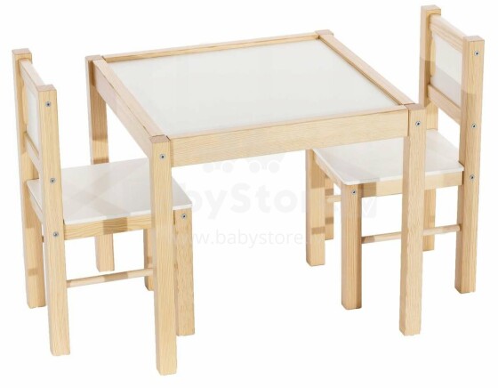 Drewex Set Art.132485 Natural  baltas vaikiškų baldų komplektas - stalas ir 2 kėdės