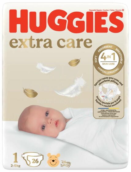 Huggies Extra Care 1 Art.041564876 подгузники с экологичным хлопком 3-5 kг 26 шт.