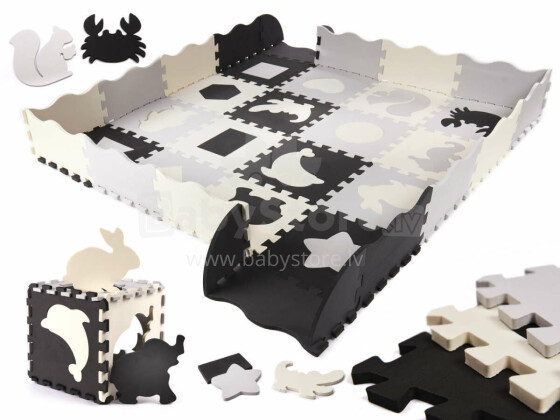 Ikonka Art.KX6268 Putplasčio dėlionės kilimėlis / žaidimų kilimėlis vaikams 36el. juoda-pilka-ecru
