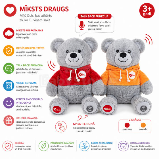 Bo Interactive Bear Art.156168 Plush bear with talk-back function, 46 cm