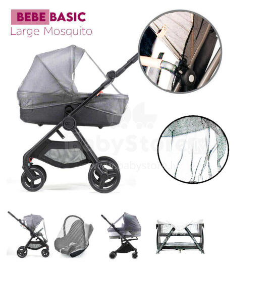 Bebe Basic ™ Mosquito Net Art.KX7851_2 Grey Bērnu ratiņu elastīgs moskītu tīkls 140cm