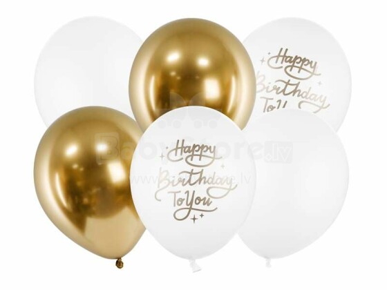 Ikonka Art.KX4556 Sünnipäev õhupallid Happy Birthday To You kuldne valge 30cm 6tk