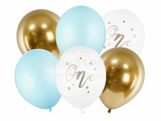 Ikonka Art.KX4555_1 Birthday balloons Pastel Light Blue white gold blue 30cm 6 pcs