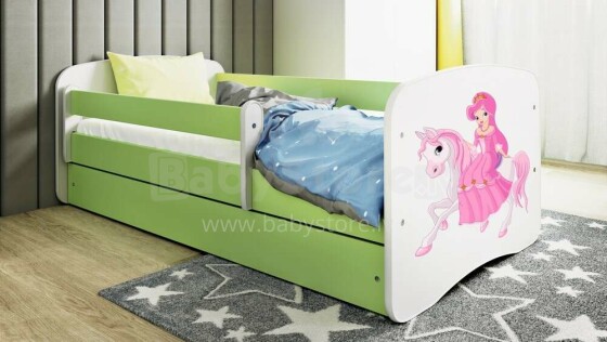 Bed babydreams green princess on horse with drawer with non-flammable mattress 140/70