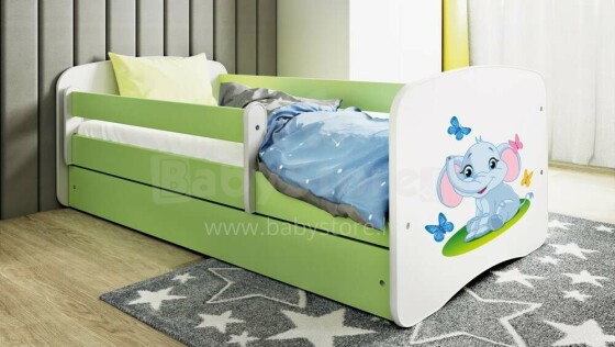 Bed babydreams green baby elephant with drawer with non-flammable mattress 160/80