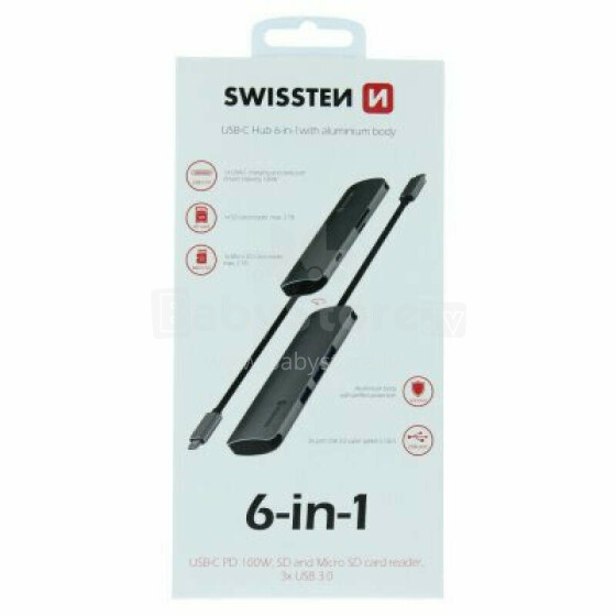 Разветвитель Swissten USB-C 6in1 с 3X USB 3.0 / 1X USB-C Power Delivery / 1X microSD / 1X SD / Алюминиевый корпус