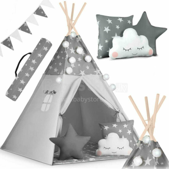 Teepee telts bērniem ar vītni un apgaismojumu Nukido - pelēka ar zvaigznēm