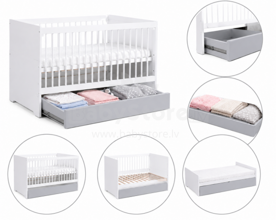 Klups Dalia Art.16449 Grey  Convertible baby crib with a storage drawer (140x70 cm)
