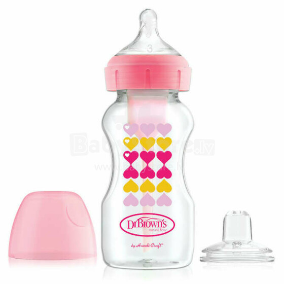WB91604 9 oz/270 ml PP Wide-Neck Options+ Pink Hearts Bottle w/ Sippy Spout (+L3 Nipple in Bottle),  1-Pack