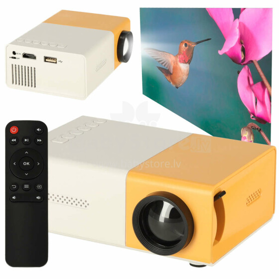 Ikonka Art.KX3913 Mini projektorius nešiojamas projektorius vaikams LED TFT LCD 1920x1080 24-60" USB HDMI 12V geltonos ir baltos spalvos