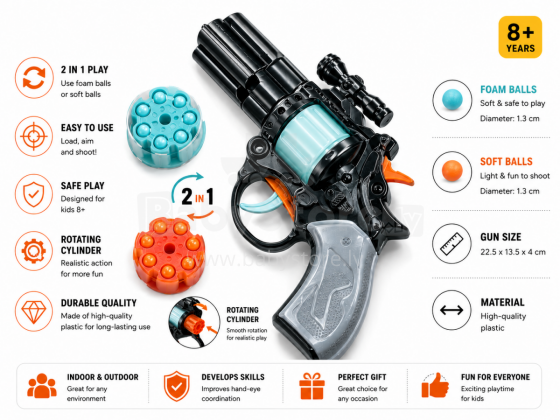 I-Toys Pistol Art.172219 2-in-1 rotaļu revolvera šāvējs ar mīkstām bumbiņām