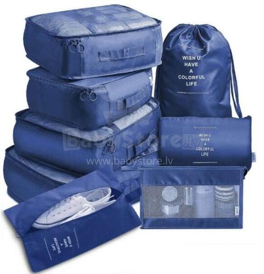 Ikonka Art.KX4110_1 Suitcase organisers travel set 7 pieces clothes storage accessories waterproof bags make-up bag shoe bag navy blue