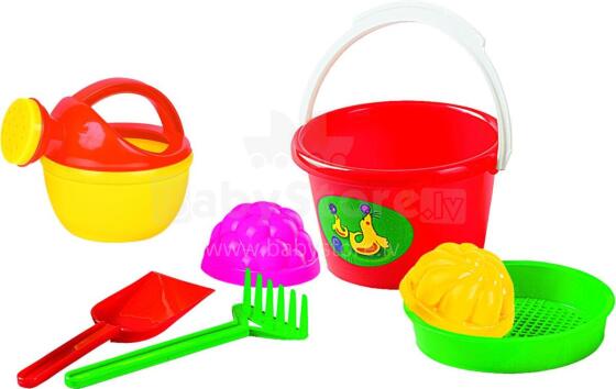 POLESIE set bucket medium; sieve; 2 forms; small watering can; small shovel rake, 4368