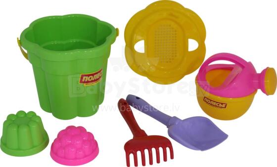 POLESIE set flower bucket medium, flower sieve, medium-size, shovel, rake, 2 sand forms, small watering can, 35660