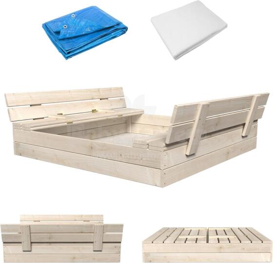 Bebe Basic Wood Sandbox Art.199231 Natural Koka smilšu kaste ar vāku un soliņiem un pārsegu 120x120cm
