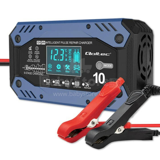 Qoltec 52482 viedais lādētājs STD AGM GEL LiFePO4 | Lādētājs ar remonta funkciju |12-24V |10A | LCD | 9 – uzlādes stadija