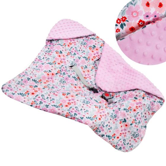 Baby wrap for car seat and carrier Springos SB0052, 77x77 cm, reversible blanket with hood, floral design, pink/multicolor