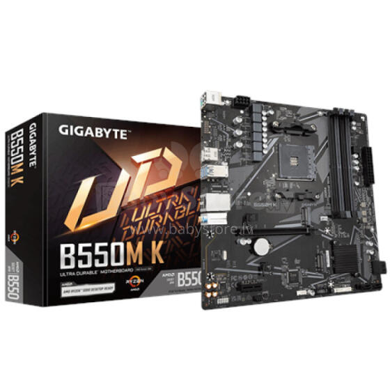 Gigabyte B550M K 1.0 M/B Processor family AMD, Processor socket AM4, DDR4 DIMM, Memory slots 4, Supported hard disk drive interfaces 	SATA, M.2, Number of SATA connectors 4, Chipset AMD B550,