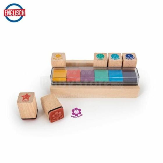MOTIVATION wooden teacher's stamps in English in a table stand with integrated ink pads, 13 pieces
