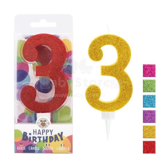 Birthday Fun - number candle 3 glitter maxi, 6 designs assorted