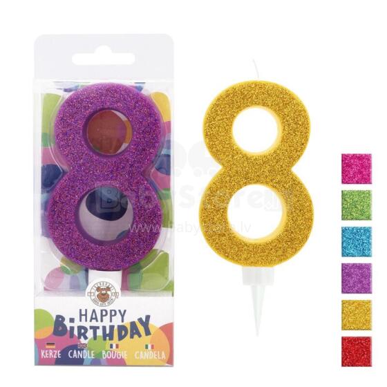 Birthday Fun - number candle 8 glitter maxi, 6 designs assorted