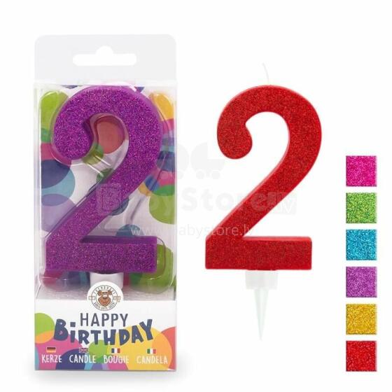 Birthday Fun - number candle 2 glitter maxi, 6 designs assorted