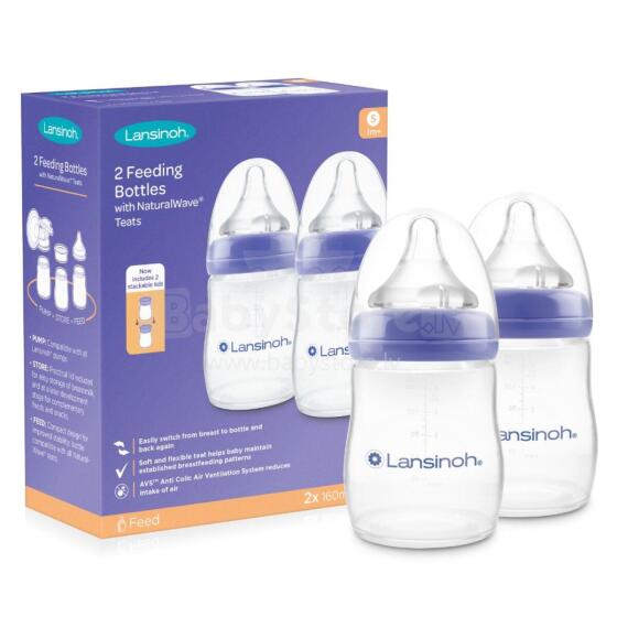 Lansinoh Bottle with NaturalWave® Teat GB Art.75830 Barības pudelīte 2x160 ml + knupis NaturalWave