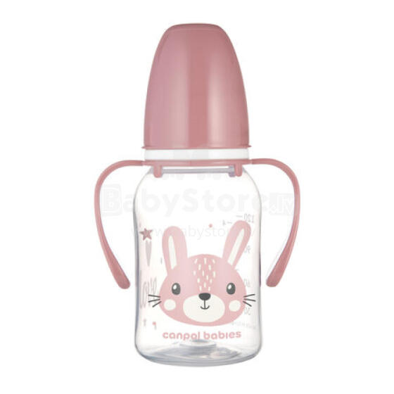 CANPOL 11/823 Standard bottle with handles 120 ml CUTE ANIMALS pink