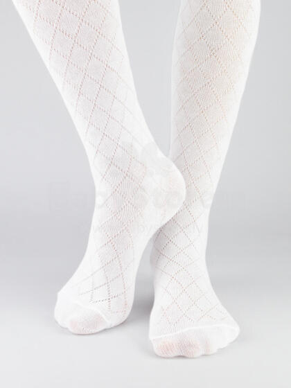 NOVITI RB010-G-01 Cotton jacquard tights, rhombus pattern, white 92/98