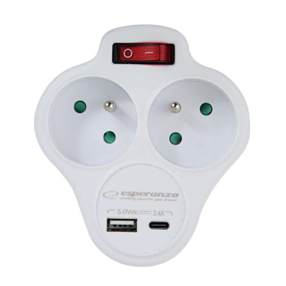 ESPERANZA ELEC. SOCKET SPLITTER 2 SOCKETS USB-C USB-B SWITCH WHITE
