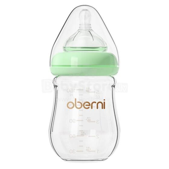 Oberni Anti-Colic Glass Baby Bottle Art.237439 Green Бутылочка стеклянная антиколиковая с силиконовой соской от 0 мес., 150мл