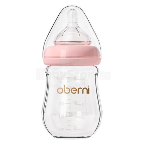 Oberni Anti-Colic Glass Baby Bottle Art.237440 Pink  Anti-koliku stikla barošanas pudele ar silikona knupīti no 0 mēn, 150ml