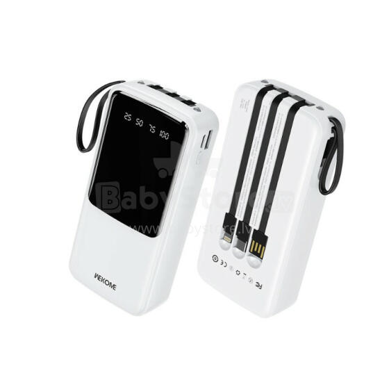 Powerbank 20000 mAh ar iebūvētu USB-C/Lightning/Micro USB + USB-A kabeli Balts