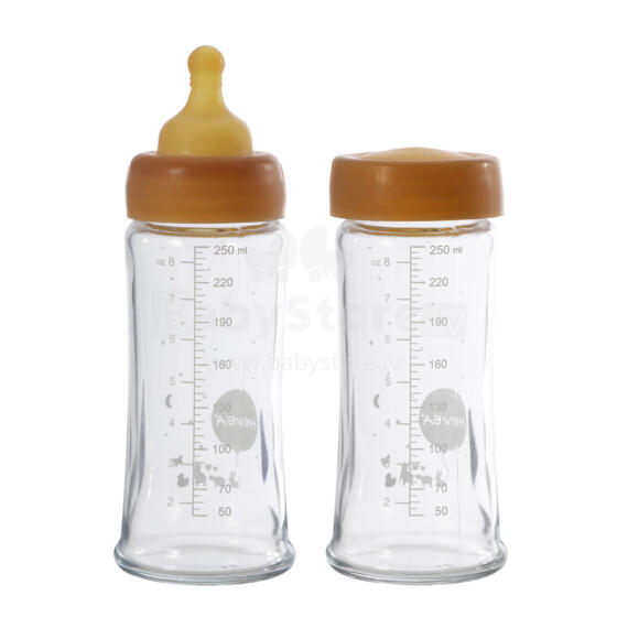 Hevea Glass Baby Bottle Wide Neck Art.478501  Бутылочка стеклянная для кормления 250мл,2шт