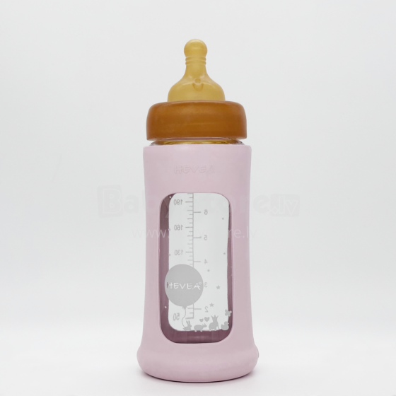 Hevea Glass Baby Bottle Wide Neck Art.478609 Powder Pink Бутылочка стеклянная для кормления  с чехлом из натурального каучука 250мл