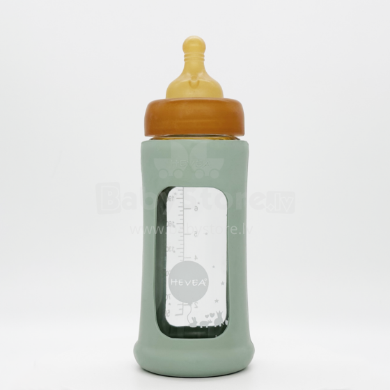 Hevea Glass Baby Bottle Wide Neck Art.478611 Seafoam Blue Stikla barošanas pudelīte ar apvalku no dabīga kaučuka  250ml