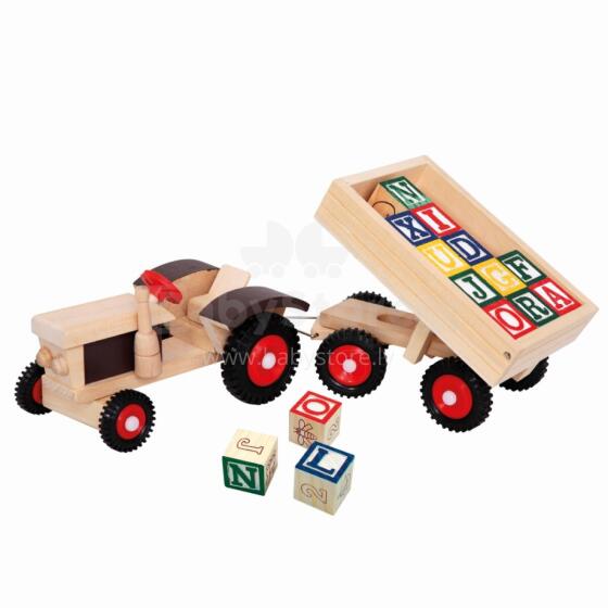 Koka traktors ar piekabi un klucīšiem