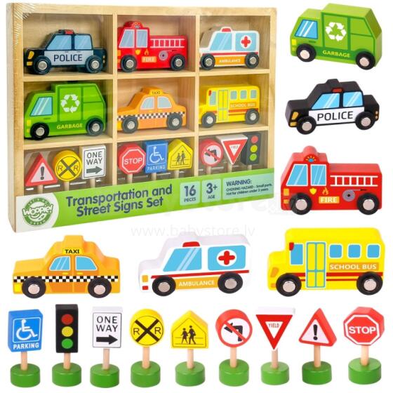 WOOPIE GREEN koka transportlīdzekļu un ceļa zīmju komplekts 15 gab.