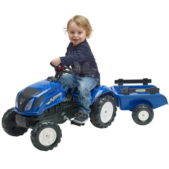 FALK New Holland lielais pedāļu traktors ar piekabi + atveramu pārsegu no 2 gadu vecuma