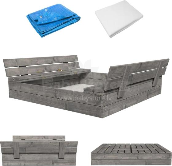 Bebe Basic Wood Sandbox Art.249101 Grey Koka smilšu kaste ar vāku un soliņiem un pārsegu 120x120cm