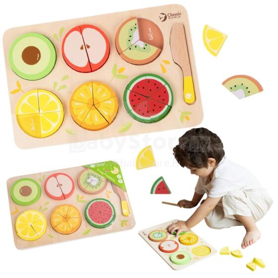 CLASSIC WORLD Koka augļi griešanai ar līpklipšiem + Daļskaitļu un dalīšanas apguvei MONTESSORI 23 gab.