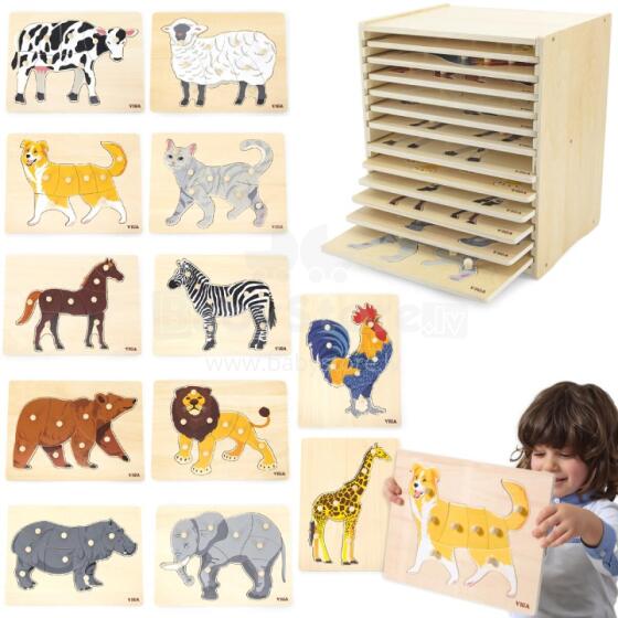 VIGA koka puzļu komplekts 12 Montessori dzīvnieki + statīvs