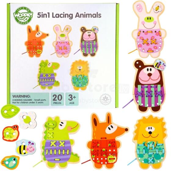 WOOPIE GREEN Wooden Shoelace 5in1 Animals for Threading