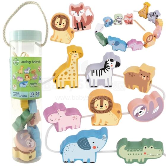 WOOPIE GREEN Wooden Threading Blocks Intertwining ZOO Montessori 13 pcs.