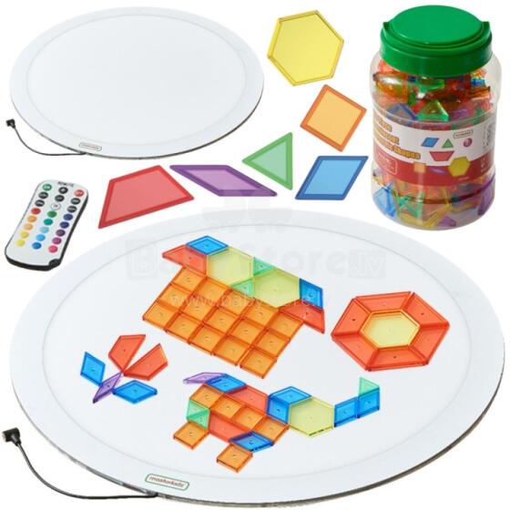 MASTERKIDZ apaļš LED gaismas panelis krāsains + Montessori mozaīkas bloki 140 gab.